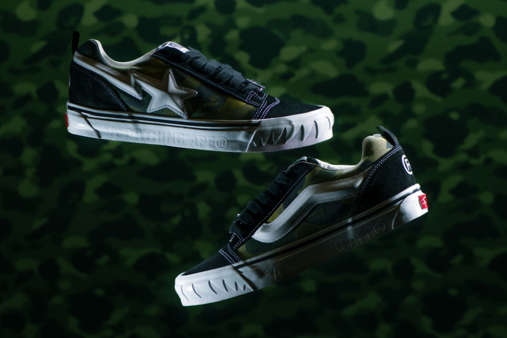 BAPE×Vans Knu Skool「Camo Green」2026年7月発売、カモ柄の限定モデル